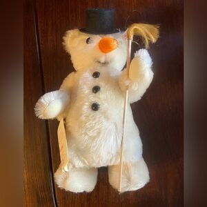 Stieff Plush Snowman Toy with Orange Nose and Black Hat